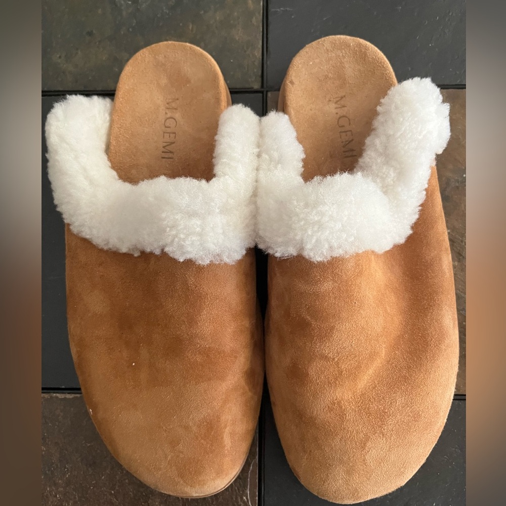 M. Gemi Tan Suede Slippers with Faux Shearling Trim..size 40 W9.5/M7.5